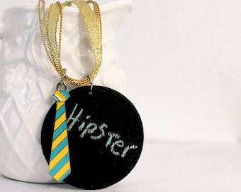 Hipster Neon Necklace with Circle Chalkboard and Stripe Tie charm bright yellow blue