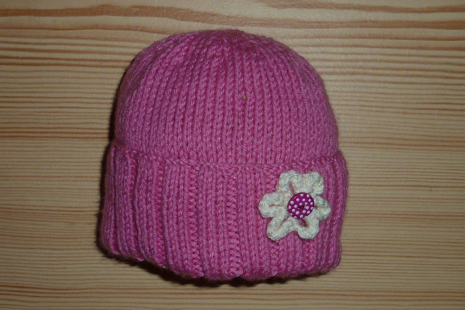 BABY GIRL Hat, Pink with White Flower, Hand Knitted, 0 - 6 Months