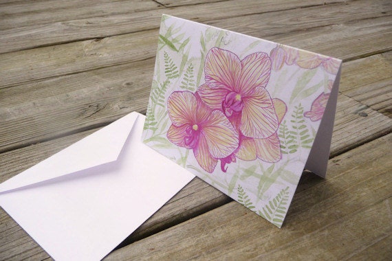 Watercolor reprint botanical art pink orchid garden eco friendly card and envelope