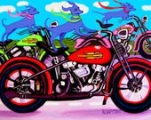 Colorful Funny Blue Dogs on Motorcycles Glicee Print from original painting - Dawgs on Hawgs -  Korpita ebsq