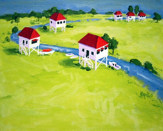 Fish Camps - Colorful Louisiana Houses Cottages on Stilts Coastal Marsh Glicee Print from original painting Korpita ebsq