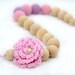 Certified Organic Teething Necklace in pastel baby pink, lavender and crochet flower. Breastfeeding/Nursing mom accessory