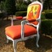 Bohemian Accent Chair Upholstered in French Coral Linen and Art Panel Portraying a Lady in Scarlet Dress by Heather Throne Upholstery