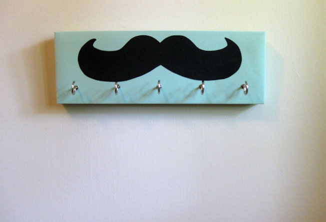 Mustache Jewelry Holder and Key Rack  - Black Mustache Pirate Hair on Seafoam Green Aqua Background, light green, light aqua
