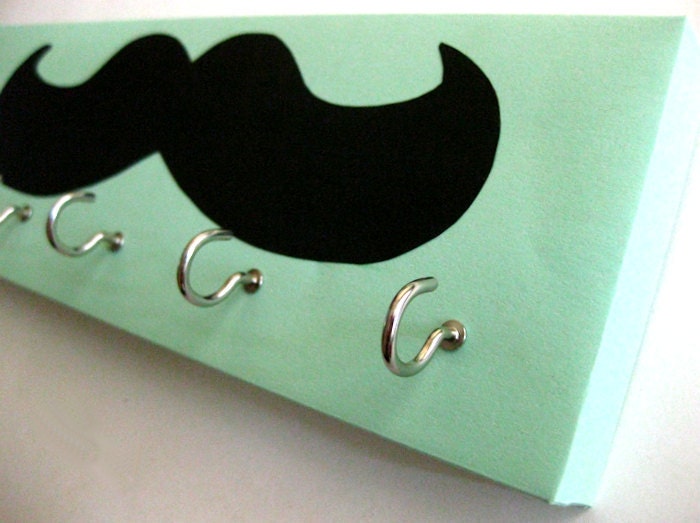 Mustache Jewelry Holder and Key Rack  - Black Mustache Pirate Hair on Seafoam Green Aqua Background, light green, light aqua