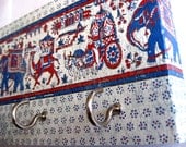 Jewelry Holder and Key Rack  - "Indian" Traditional Indian Artwork, Red and Blue, Elephants, Camels, and Blue Flowers (5 nickel hooks)