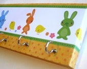 Jewelry Holder and Key Rack - "Sunny Bunnies", Easter, Colorful Bunnies and Chicks, Pink, Yellow, Blue, Green, Orange Polka Dots - 5 hooks