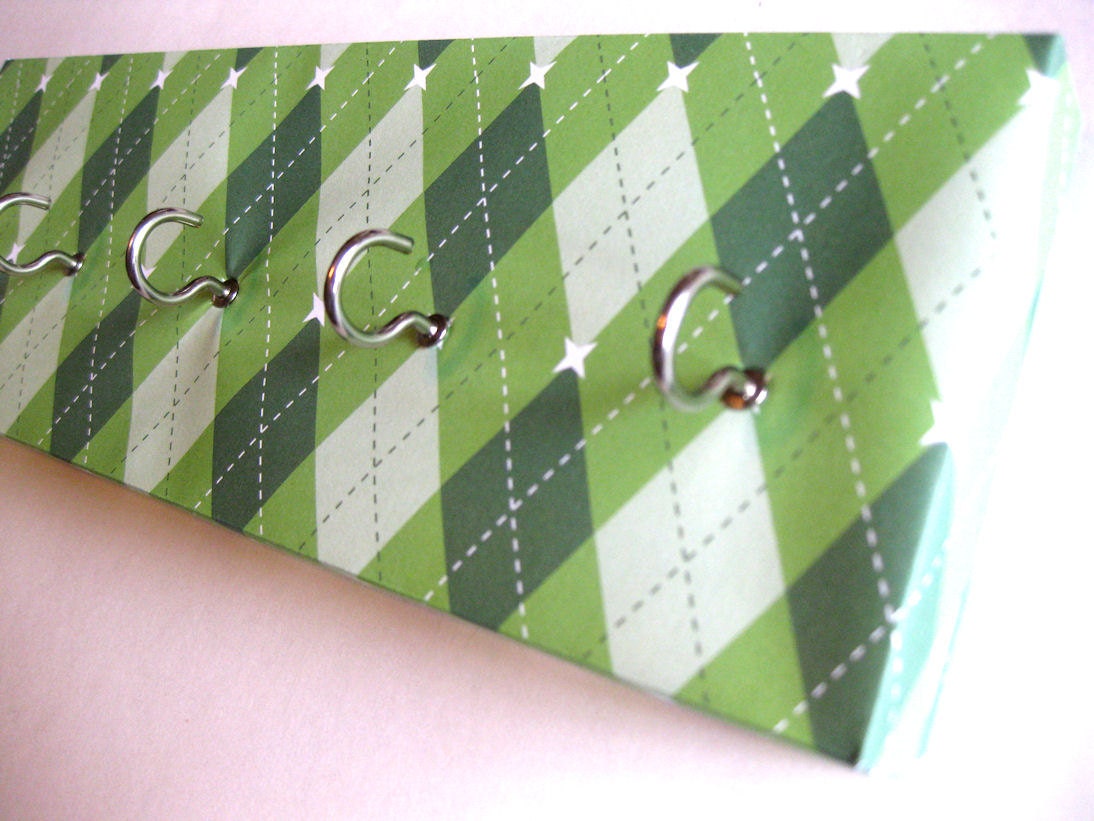 Jewelry Holder and Key Rack -  "Green Argyle" Dark, Medium, and Light Greens, Argyle Pattern, Diamonds (5 nickel hooks)
