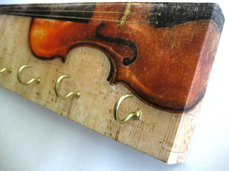 Key Rack and Jewelry Holder - "Violin" - Viola, Musical Instrument, Rustic, Natural, Distressed, Brown, Sandy, Cream, Black, Red
