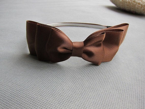 Brown Satin Ribbon Hair Bow Headband - 4.3 inches/11cm -made with 1.5 inches/3.8cm Satin Ribbon