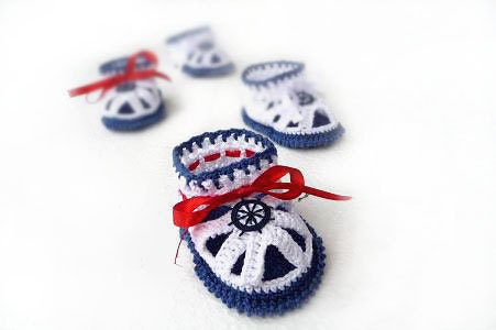 Baby sandals, Crochet Baby Booties - Crochet Baby Sandals - sailor Sandals, blue, white, red, nautical
