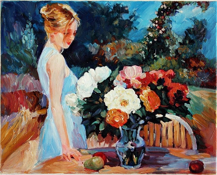 Woman Art Study with Flowers Oil Painting on Canvas Wall Decor