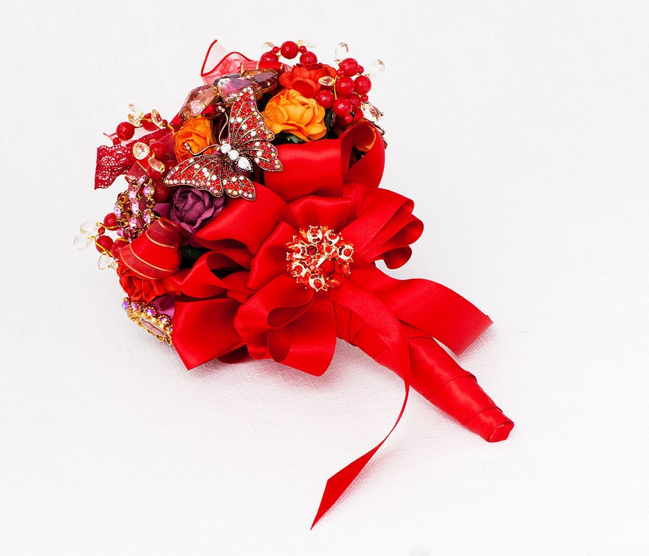 Ruby Red Vintage Bridal Bouquet With Brooches
