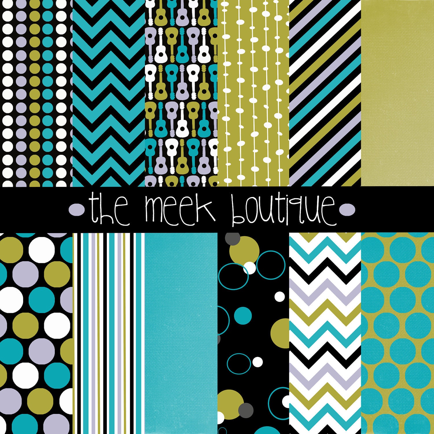 INSTANT DOWNLOAD, Funky Music 12x12 Digital Scrapbooking Paper Pack, guitar, dots, chevrons, stripes