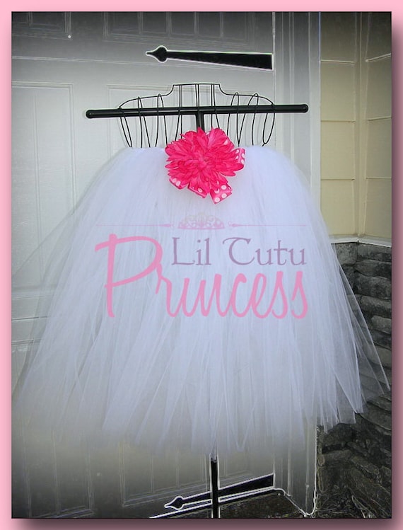 Lucy - Tutu Dress - Flower Girl Dress - White with Hot Pink Flower
