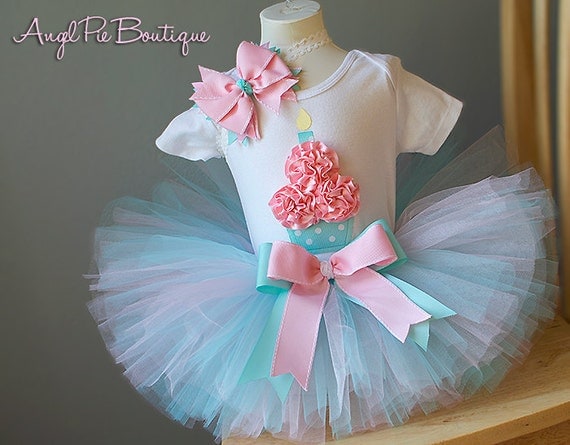Baby Girl's First Birthday Outfit - Cupcake Onesie, Tutu and Matching Headband - Tiffany Blue and Baby Pink