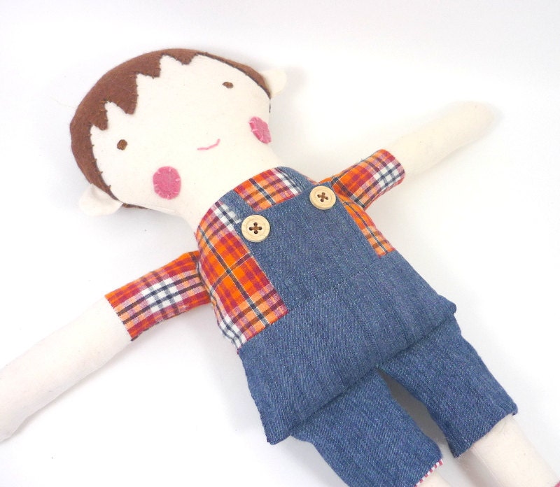 boy cloth doll , brown hair , rag doll for kids , jeans overalls , orange checkered shirt , cotton fabric , eco toy