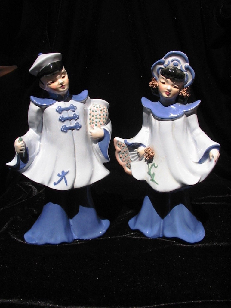 Vintage Florence Ceramic Porcelain Oriental Figurine Pair 1940s -1950s Collectible - FREE SHIPPING