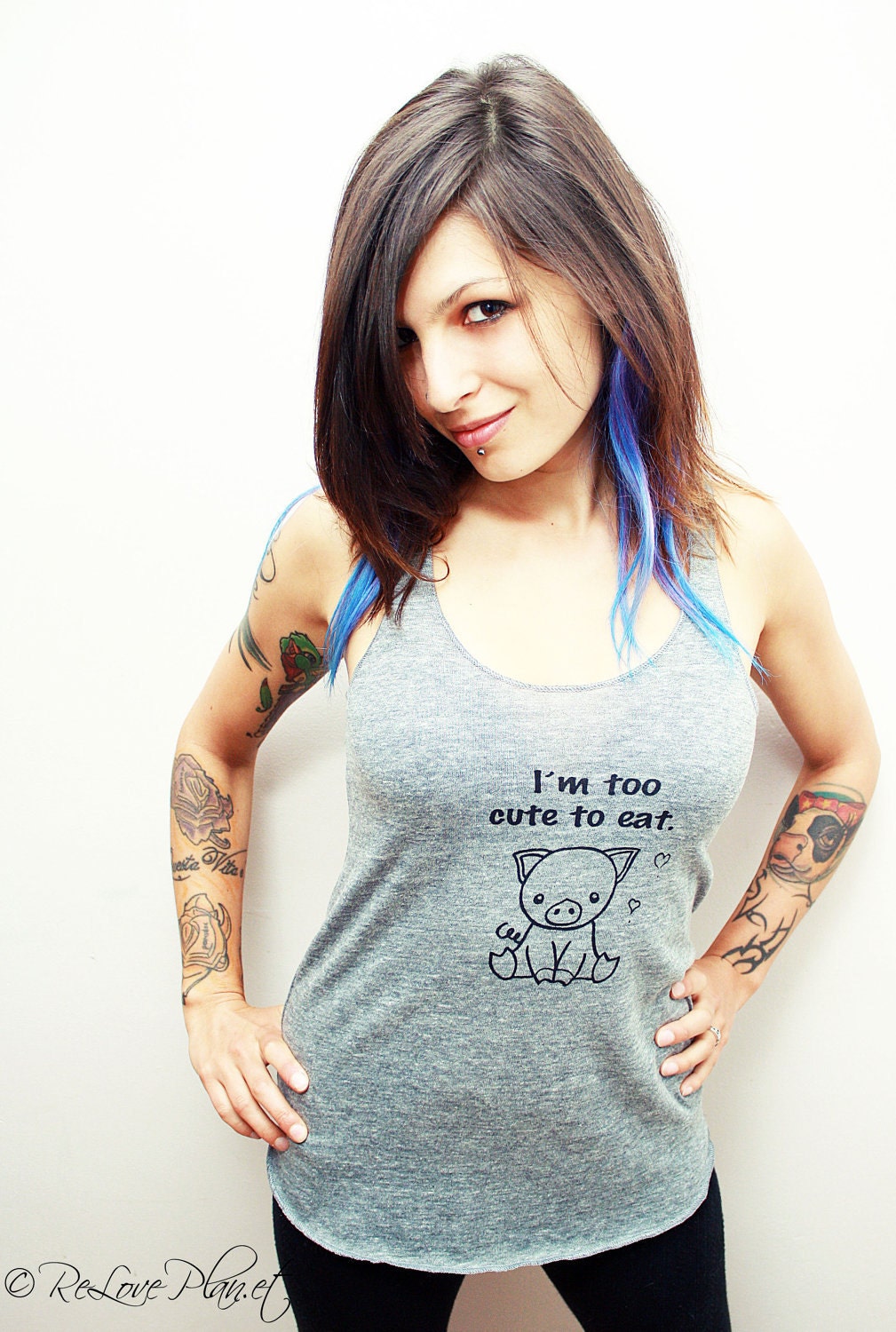 PIGGY Too Cute to Eat RacerBack Tank - Eco Heather Racer Back Top Shirt - ReLove Planet - XL
