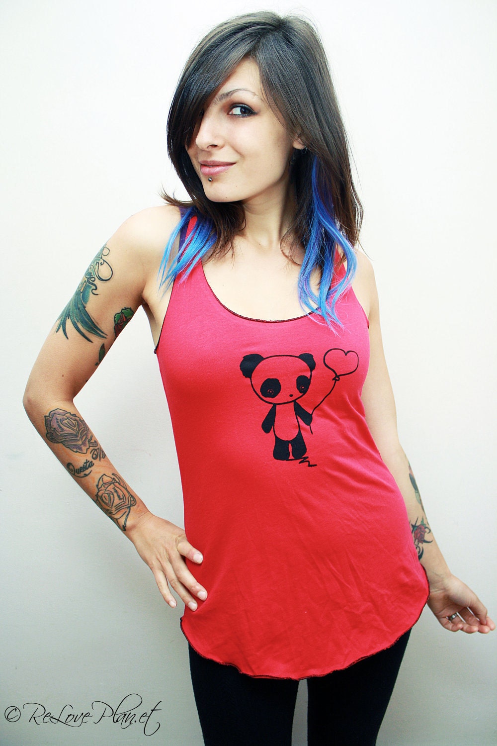 Loveable PANDA Heart Balloon RacerBack Tank - Organic Eco Happy Shirt - ReLove Plan.et - S-L