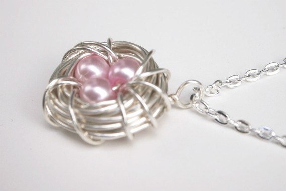 Birdnest Necklace - Wire Nest - Birds Nest Jewelry - Pink Pearl Necklace