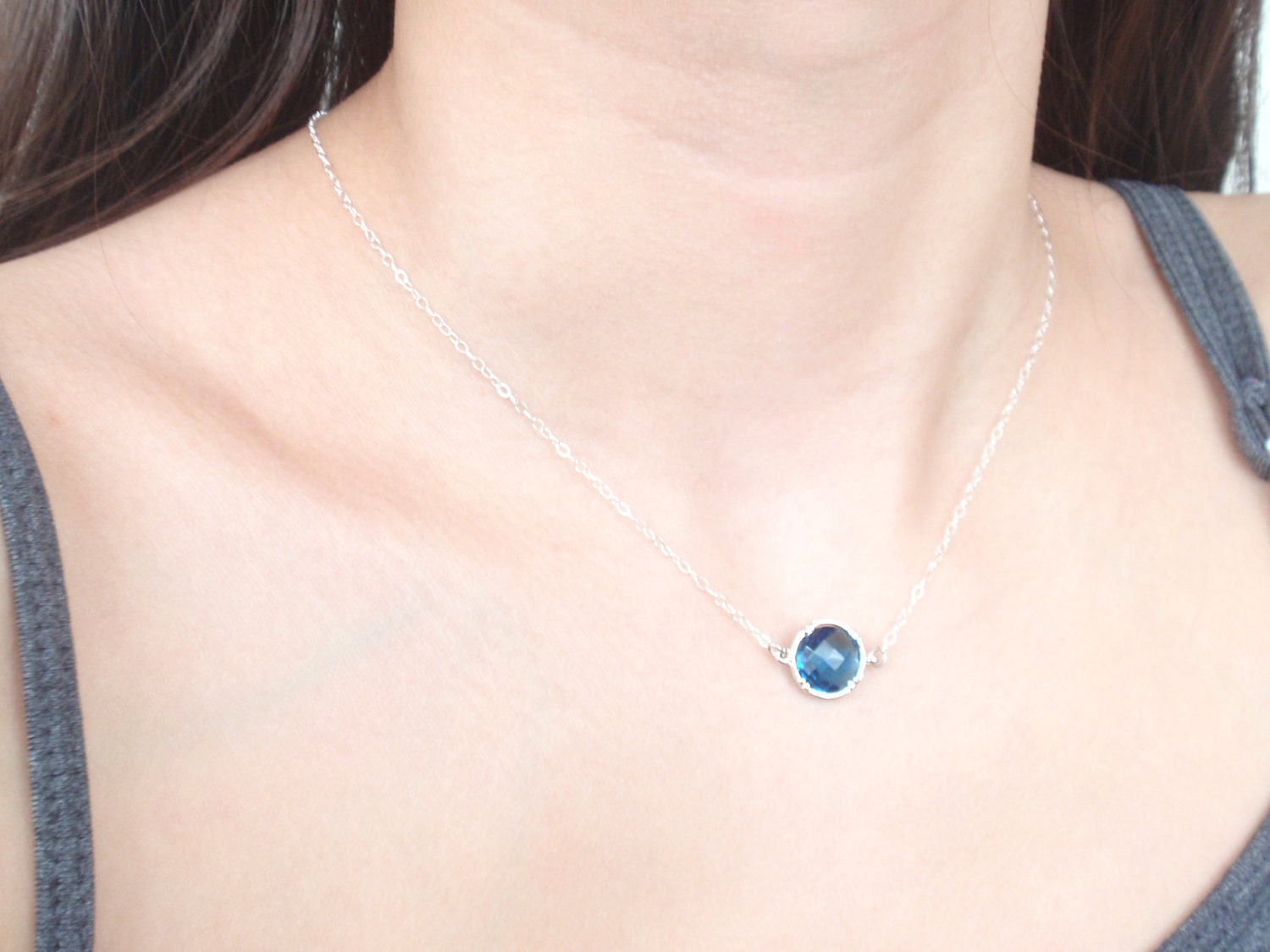 Royal blue bezel Sterling silver necklace-simple everyday jewelry