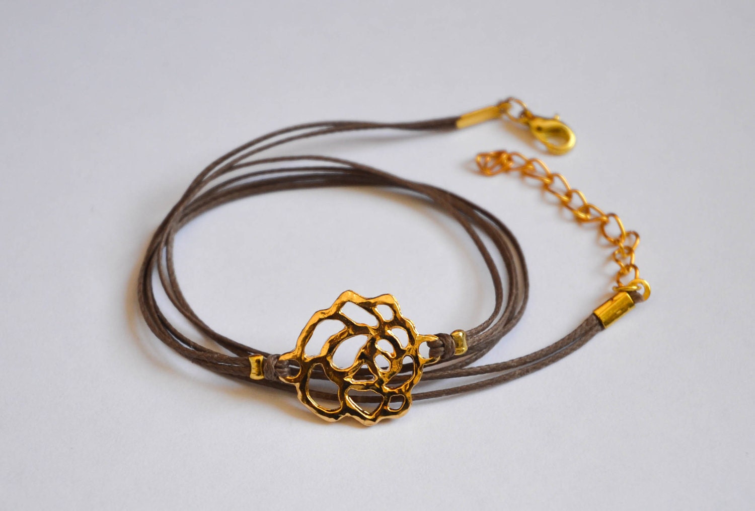 Wrapped bracelet, cord wrap bracelet with gold rose charm, brown string bracelet, elegant women's bracelet, gift for her, minimalist jewelry