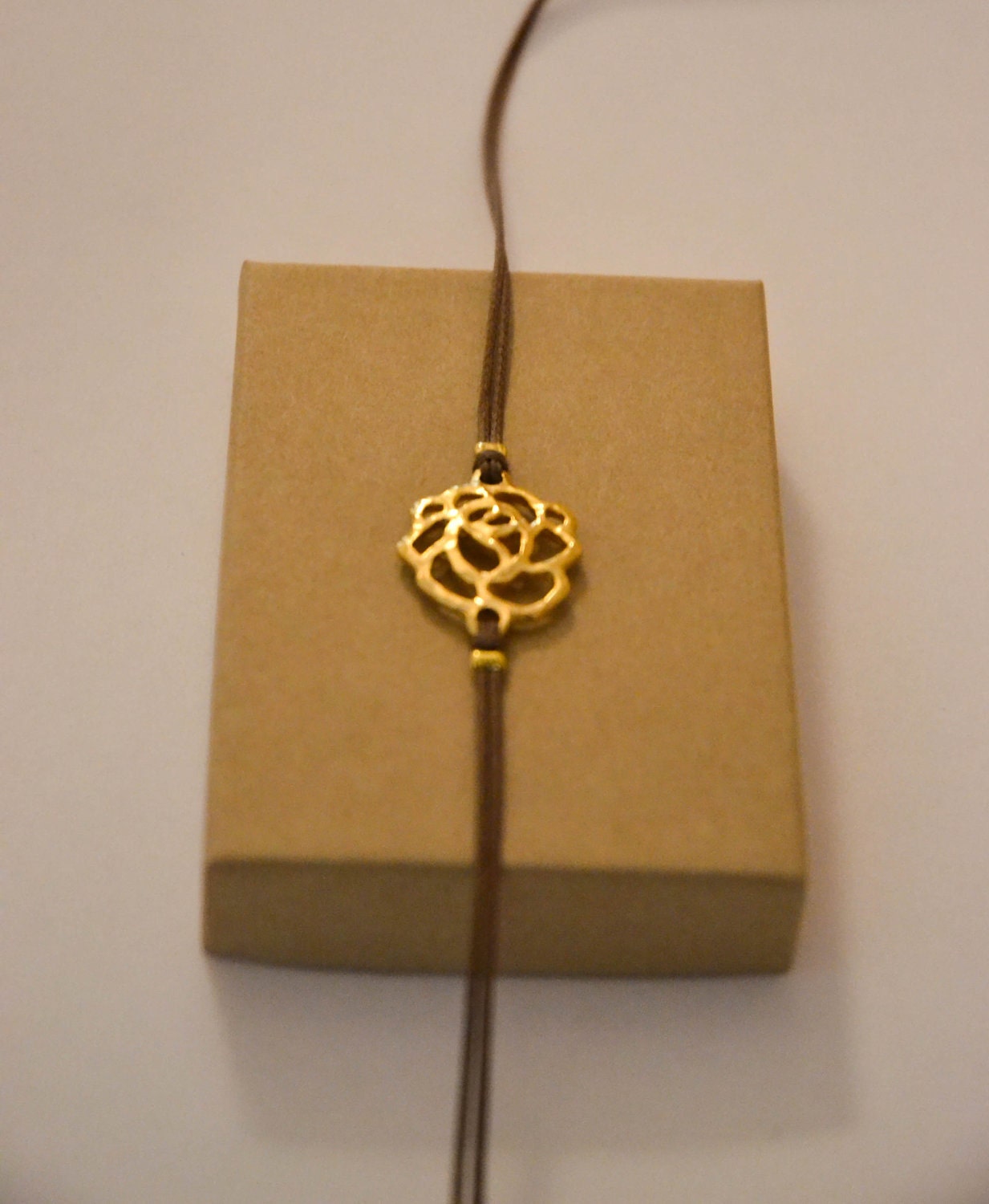Wrapped bracelet, cord wrap bracelet with gold rose charm, brown string bracelet, elegant women's bracelet, gift for her, minimalist jewelry