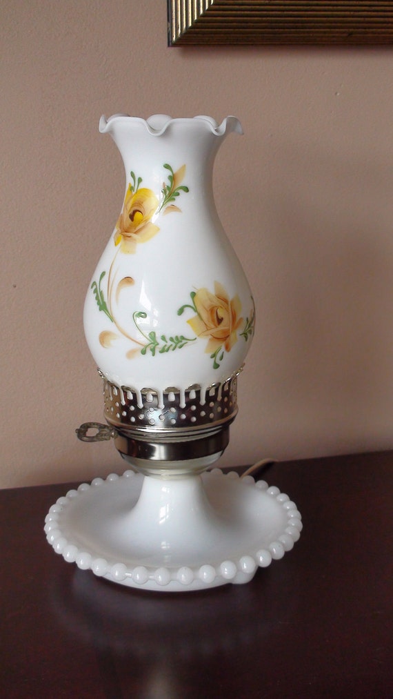 Lamp roses Glass lamp milk with glass Milk Yellow Painted Vintage Roses  with