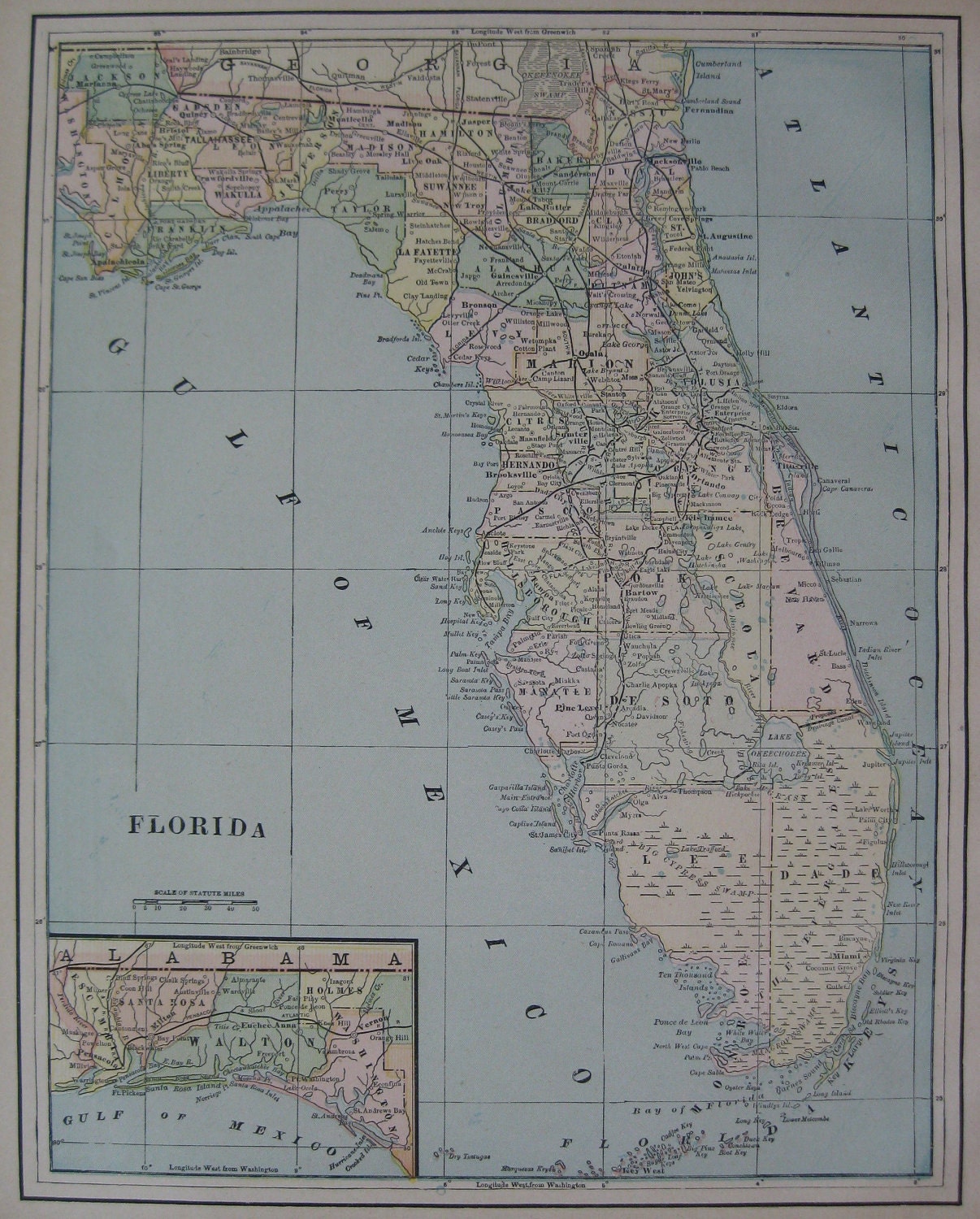 FLORIDA State Antique Map 1893 Beautiful Color Vintage Map 169