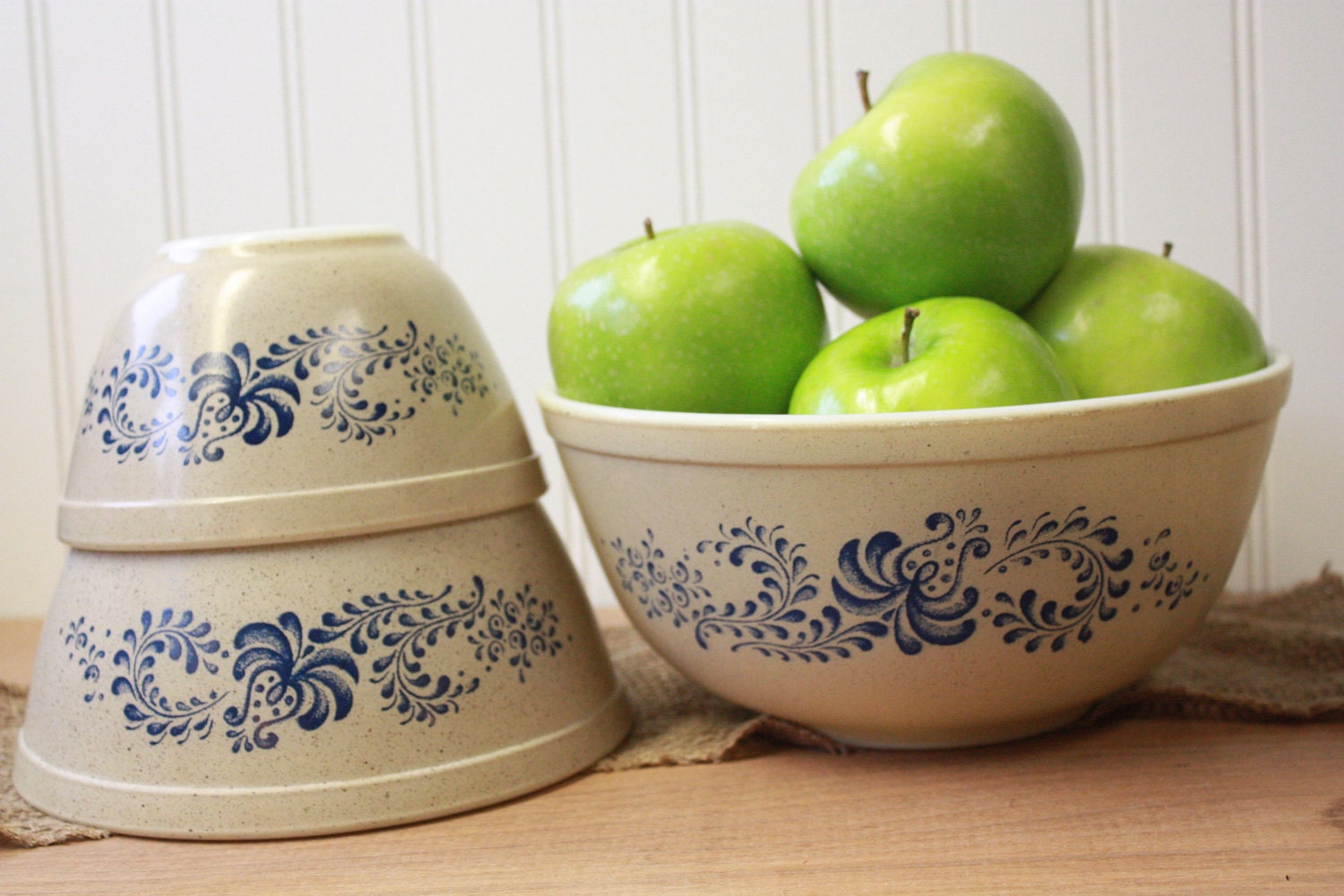 Vintage Homestead Pyrex Tan and Blue Mixing Bowls Set of Three