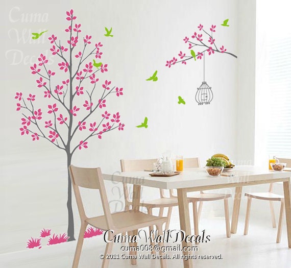 nursery wall decal pink tree wall decal birds birdcage vinyl wall mural children wall sticker children - tree birds birdcage Z152 Cuma
