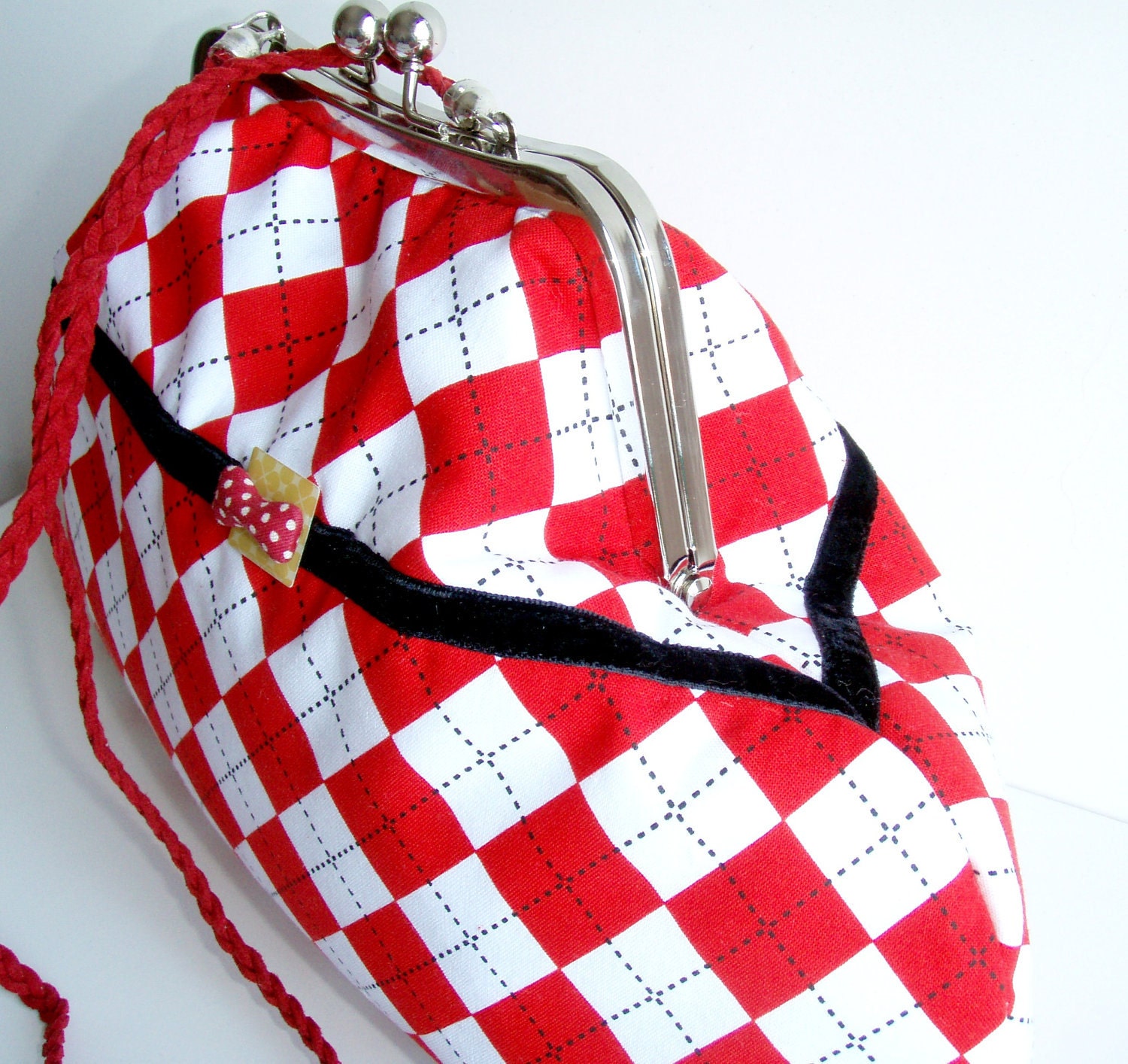 Shoulder Purse Red White Diamonds Printed Fabric Charming Bow