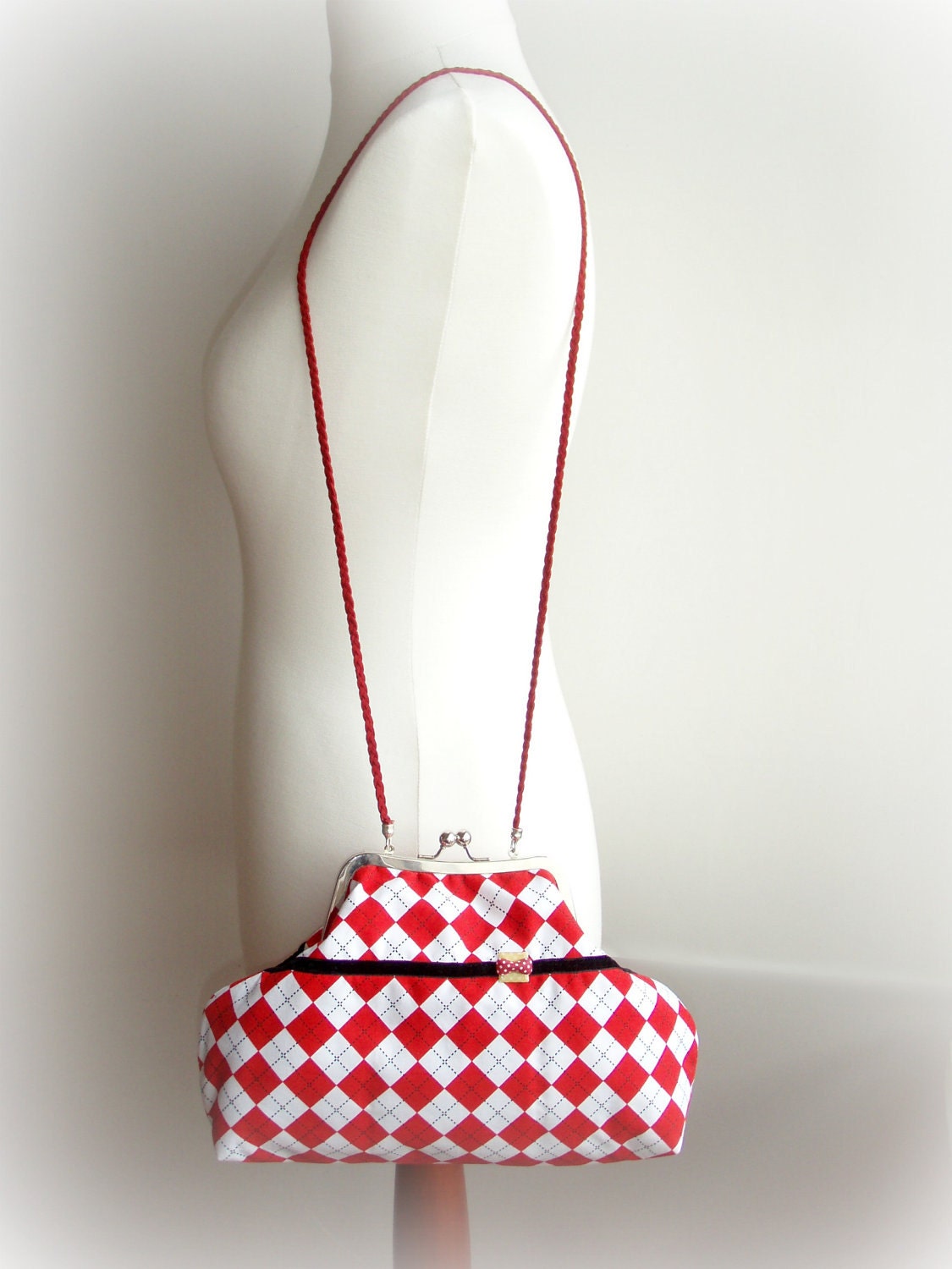 Shoulder Purse Red White Diamonds Printed Fabric Charming Bow