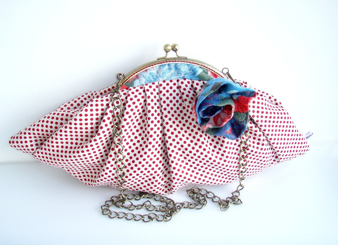Linen Red Polka Dots Shoulder Purse Cottage Chic
