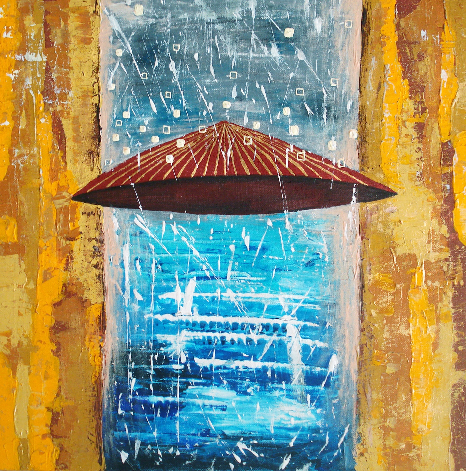 Original Abstract Painting On Canvas, Autumn Painting, Original Artwork "Rain" Colors: white, brown, blue, yellow 16x16
