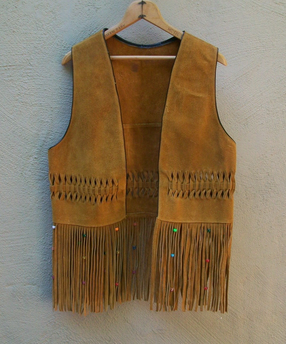 Vintage 1960's Fringed Leather Hippie Vest with Pony Beads S/M