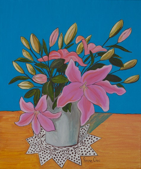 SHIPPING FREE Original acrylic painting - Lilium - flowers - crochet