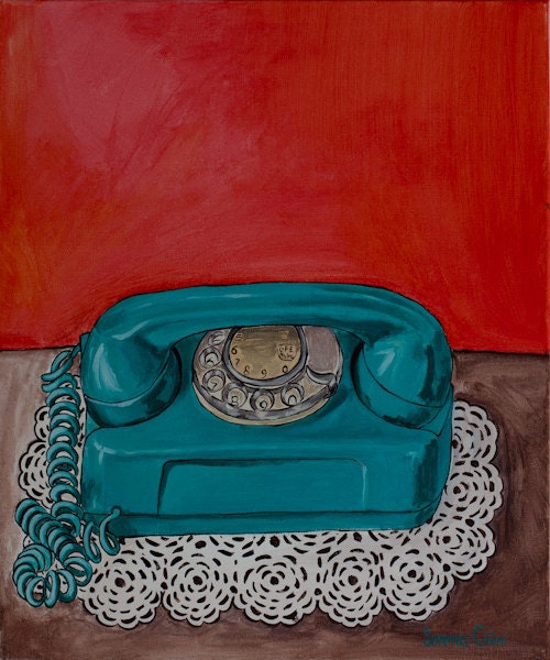 SHIPPING FREE Original acrylic painting - The blue telephone - red - blue