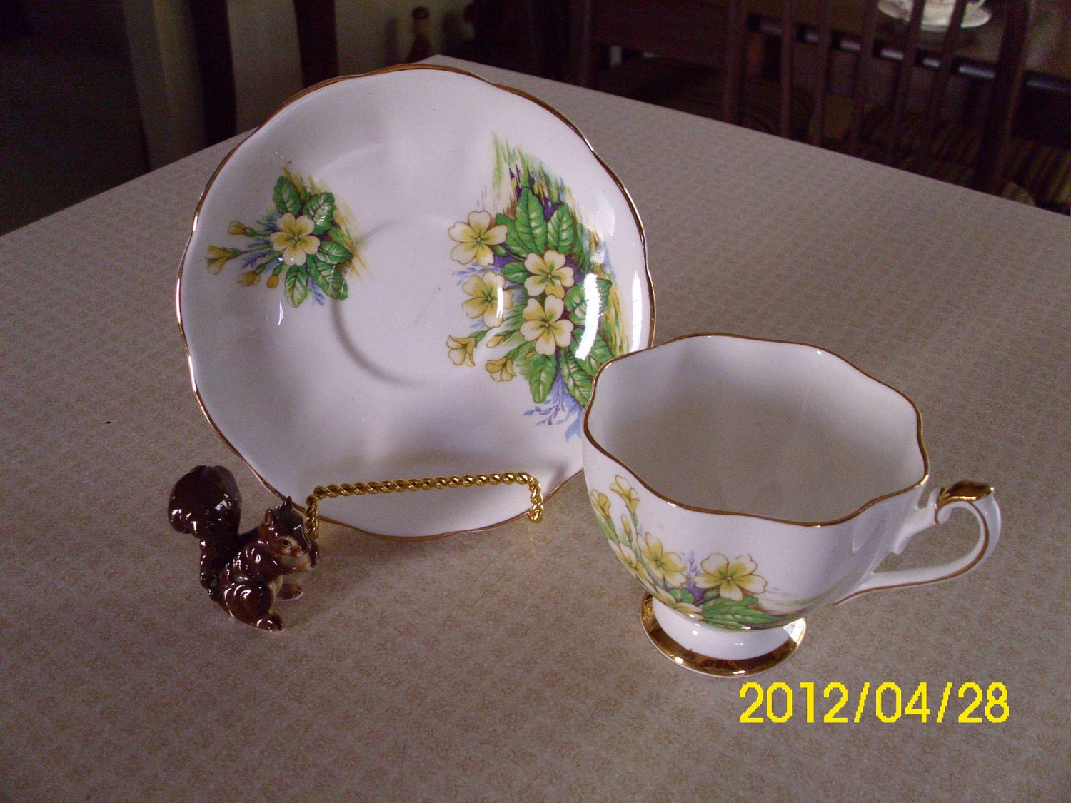 Vintage Cup And Saucer-Fine Bone China-England-Tea-Coffee-Yellow-Green-Gold Floral