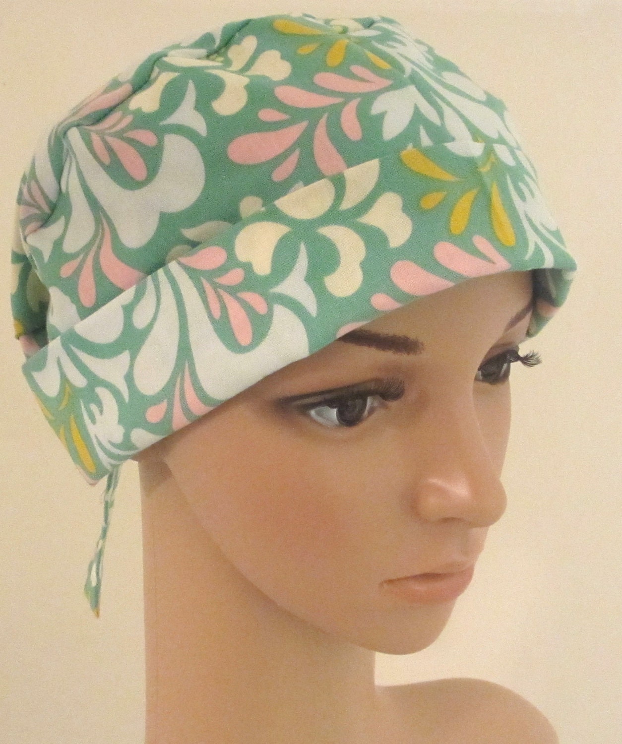 Tie Back Surgical Scrub Hat/ Chemo hat with band. Designer print