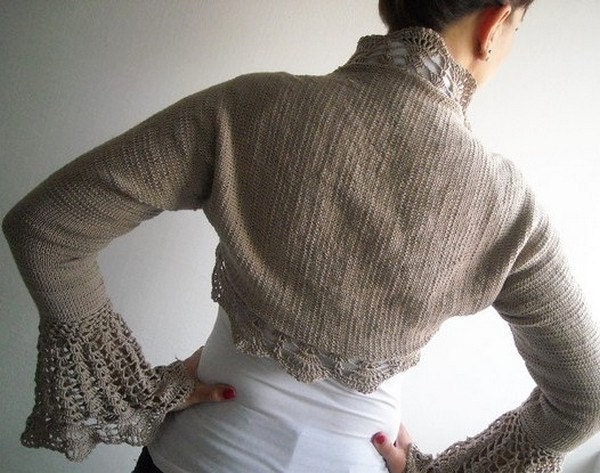 Hand knit crochet shrug, bolero long sleeved, cappuccino pale brown beige