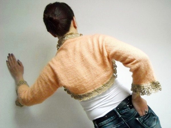 Hand knit crochet shrug bolero - long sleeved - OOAK - Coral island
