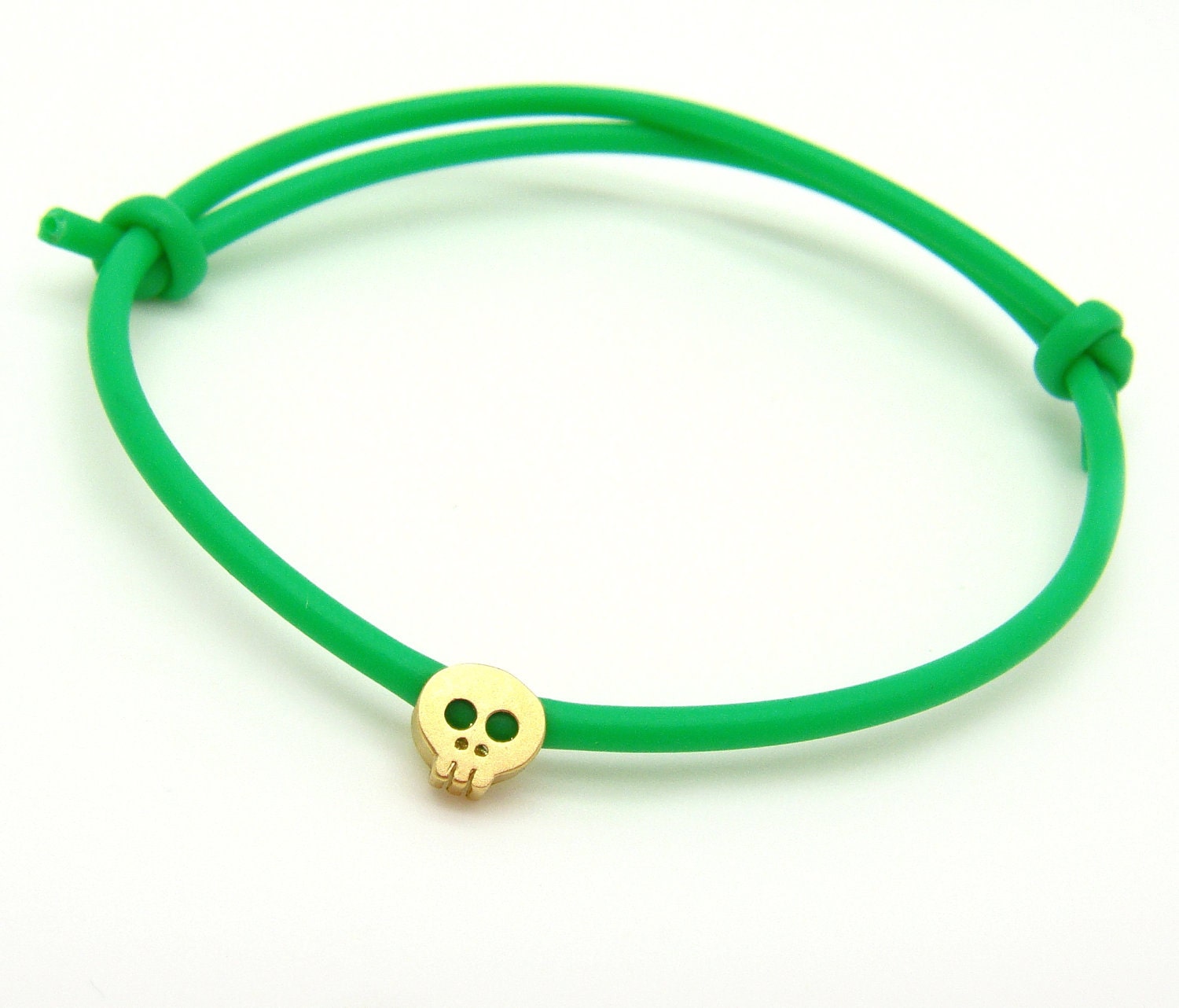 Neon Tiny Skull Bracelet - Rubber Bracelet W/ Tiny Matt Yellow 14k Gold Plated Skull Charm In Neon Green - READY TO SHIP
