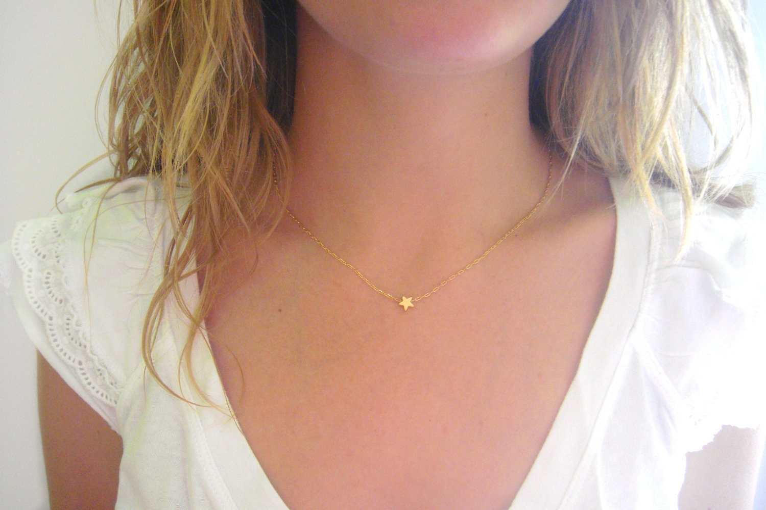 Tiny Star Necklace - Matte 14k Gold Plated Star Charm on Gold Delicate Chain w/ Mint Faceted Bead (also Silver tone available)