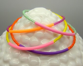 Yellow Beaded Bracelet w/ Neon Pink Rubber Bar - Friendship Bracelet