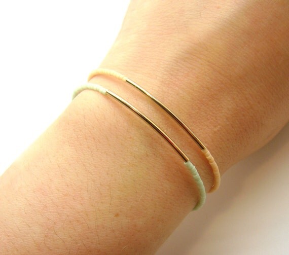 Pastel Mint Beaded Bracelet w/ Tiny Gold Bar - Friendship Bracelet