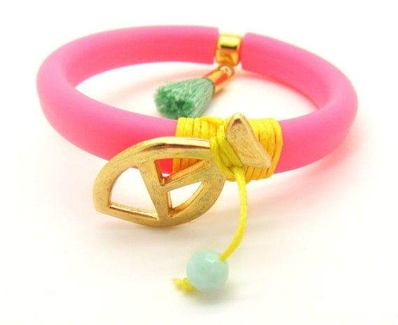 Neon Bracelet TREND - Neon Pink Rubber Bracelet w/ Gold Fish Charm , Swarovski Mint Bead & Mint Tassel