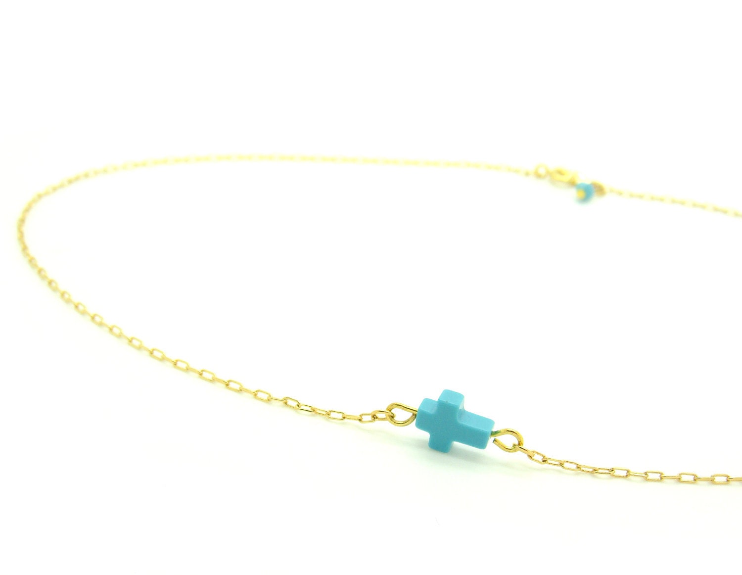 Tiny Sideways Cross Necklace - Small Turquoise cross on Delicate Gold Chain - Turquoise pendant at closure (also in silver)