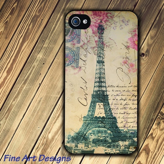 iphone 4 or iphone 4s case with Eiffel Tower and vintage Pink background